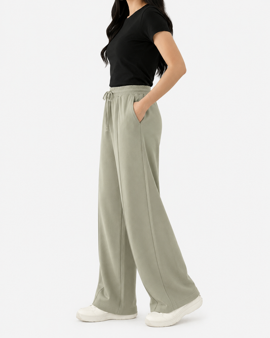 Premium Wide Leg Textured Trouser (Sage Green)