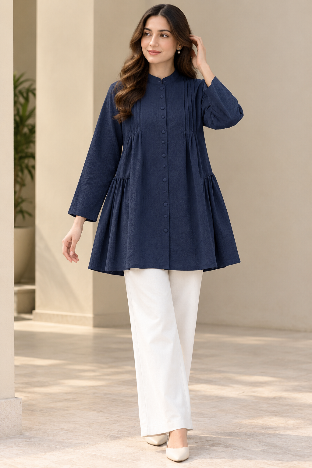 Pleated Front Button-Down Peplum Tunic – Black