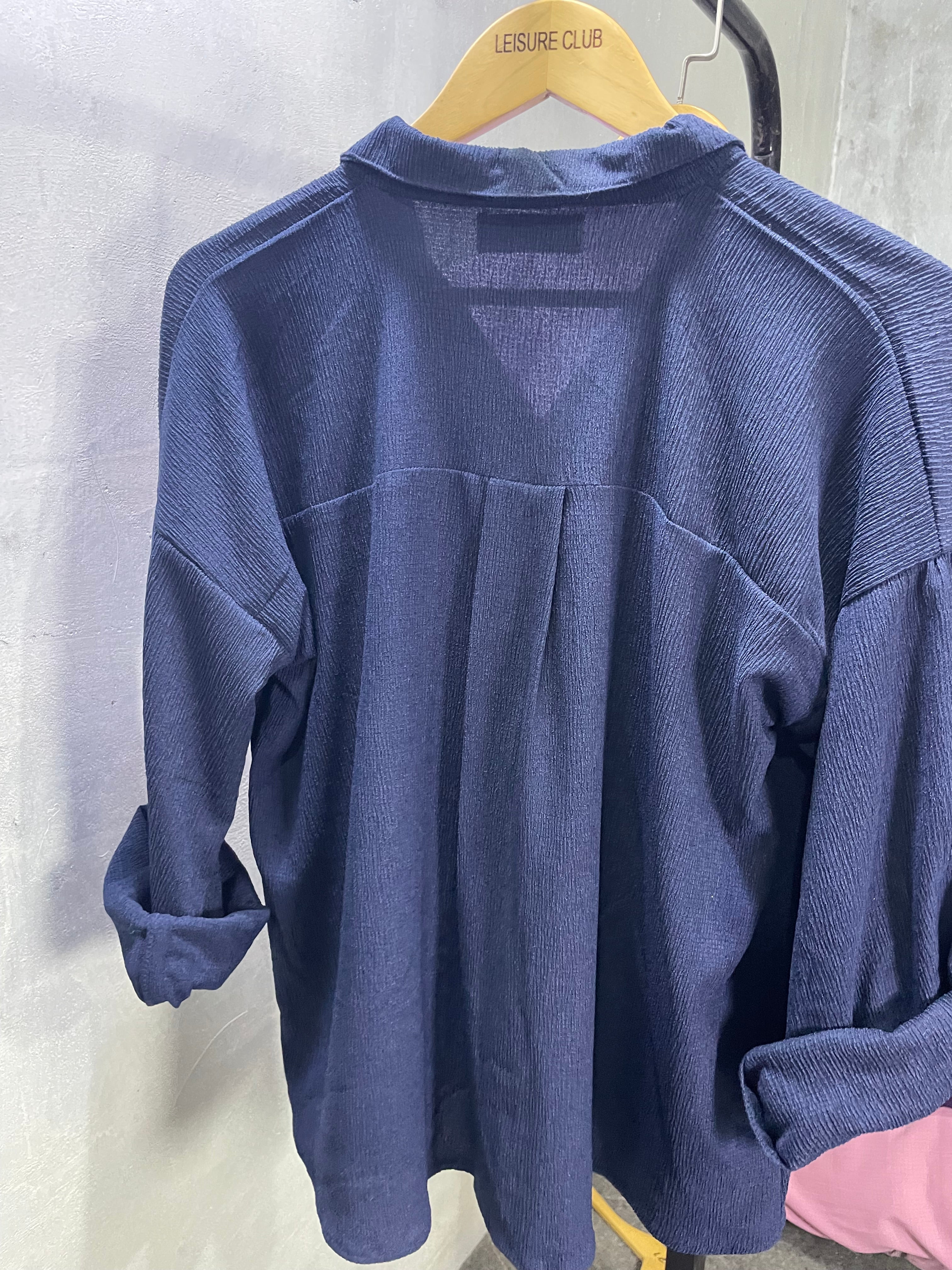 Textured Oversized Button-Down Shirt (Navy)