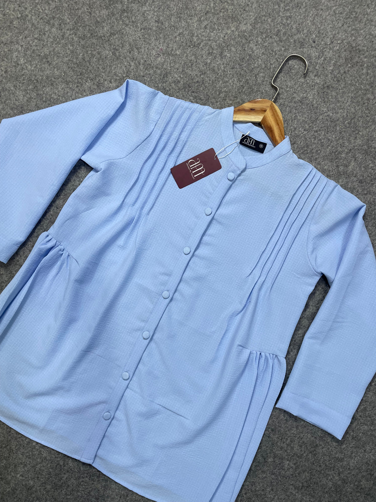 Pleated Front Button-Down Peplum Tunic – Sky Blue
