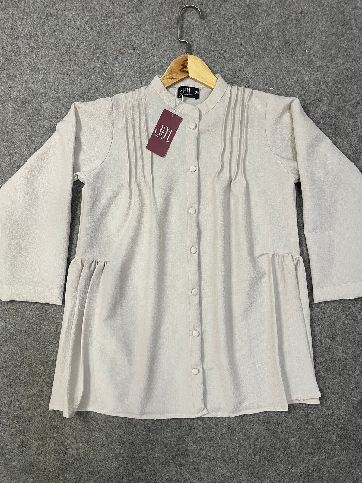 Pleated Front Button-Down Peplum Tunic – Beige