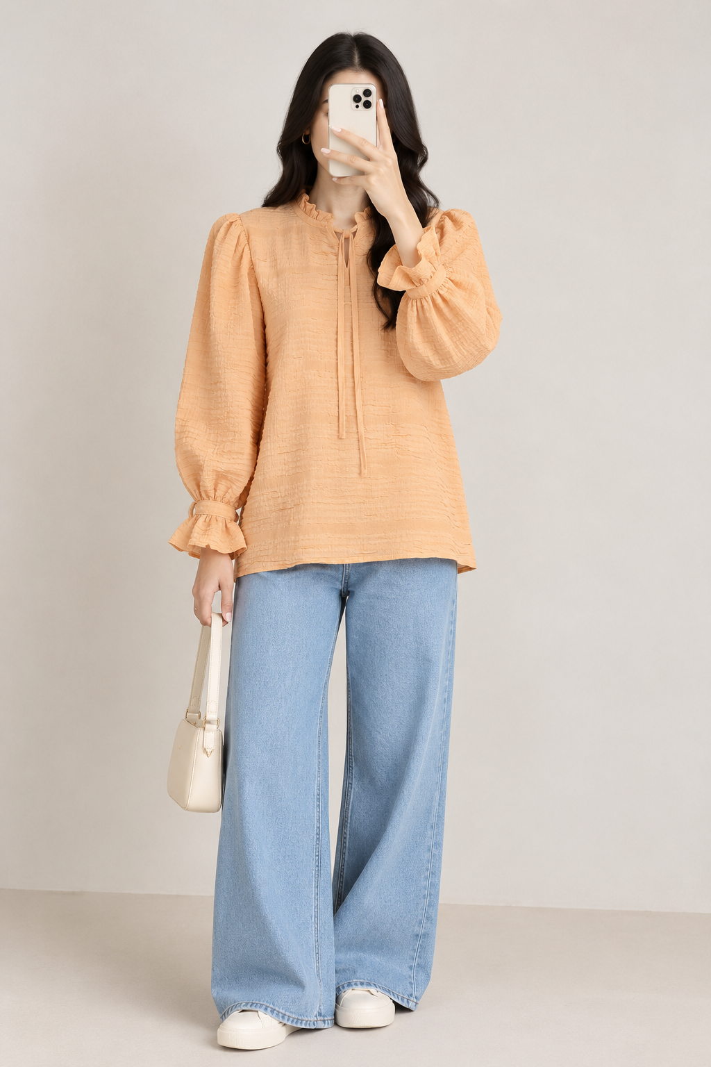 Textured Puff Sleeve Tie-Neck Top (Soft Peach)