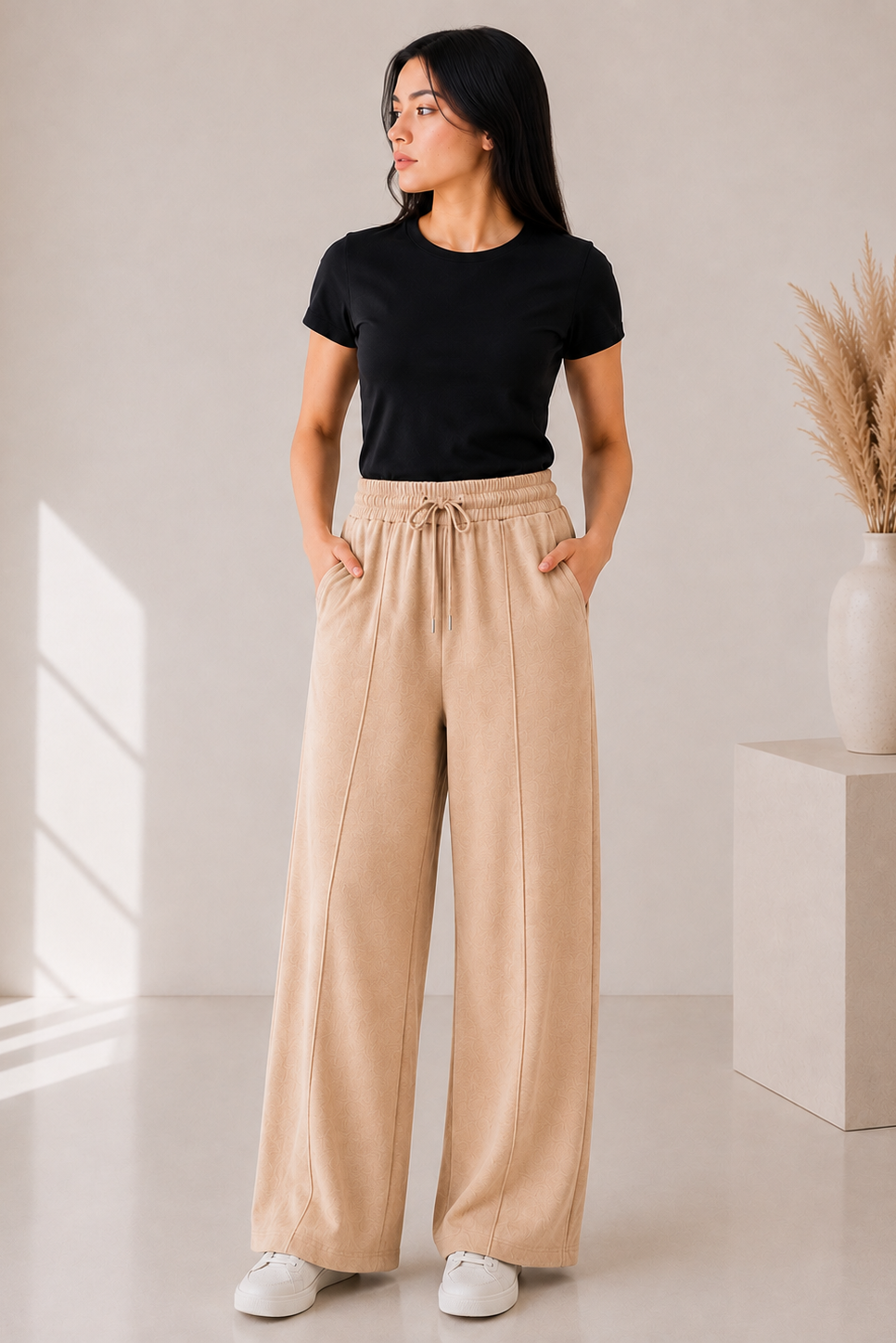 Premium Wide Leg Textured Trouser (Warm Beige )