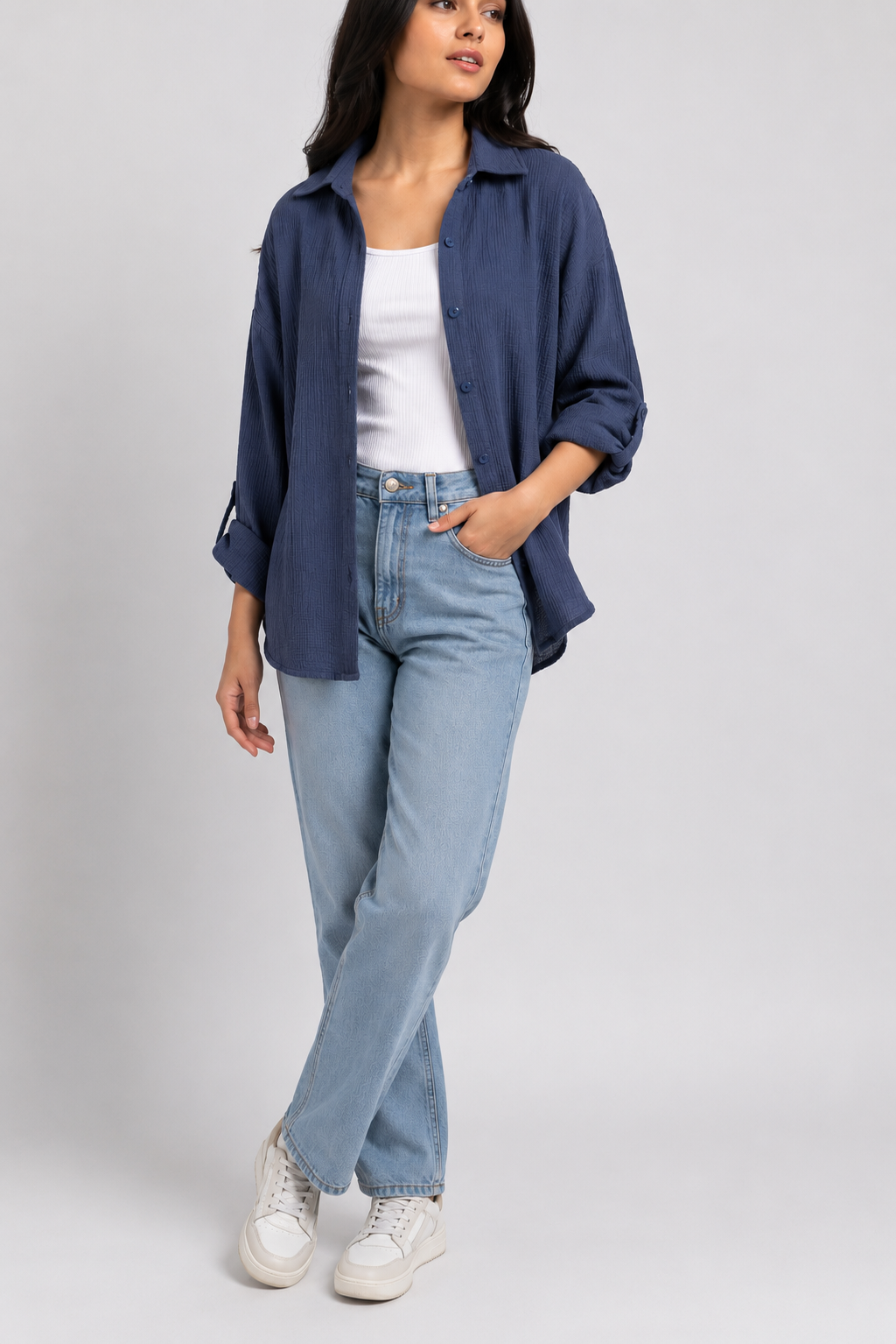 Textured Oversized Button-Down Shirt (Navy)