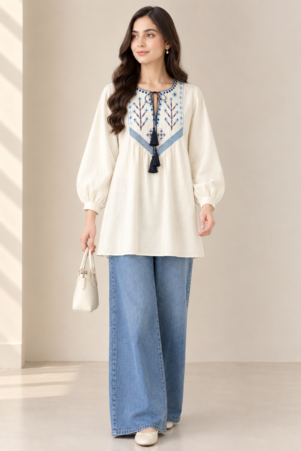 Elara Embroidered Textured Tunic Off White