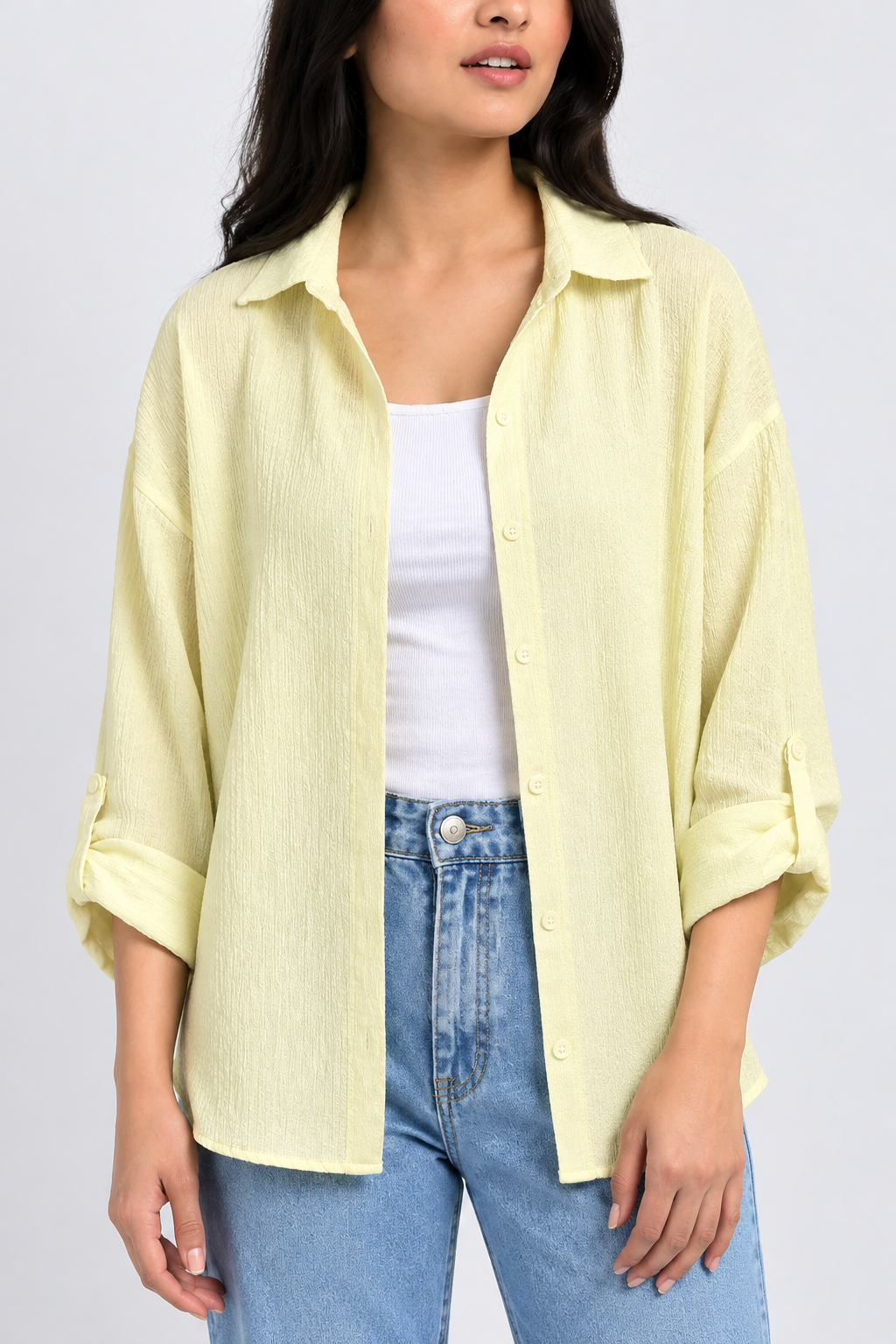Textured Oversized Button-Down Shirt (Pastel Lemon Yellow )
