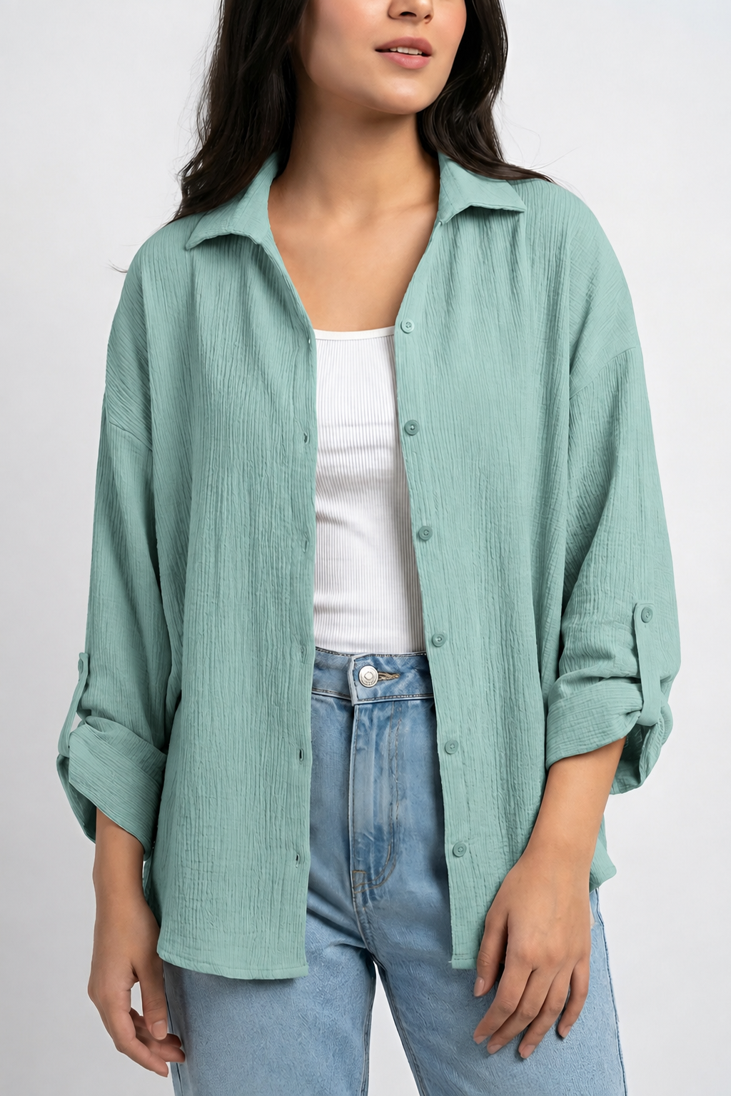 Textured Oversized Button-Down Shirt (Sea Green)