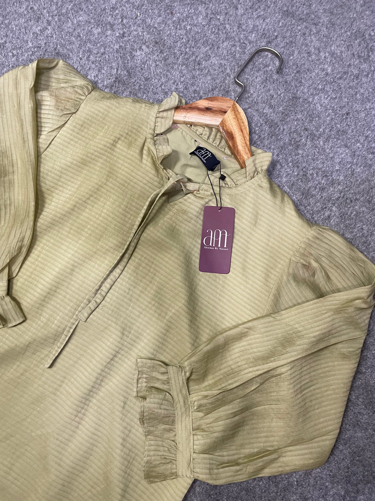 Textured Puff Sleeve Tie-Neck Top (Soft Sage Green)