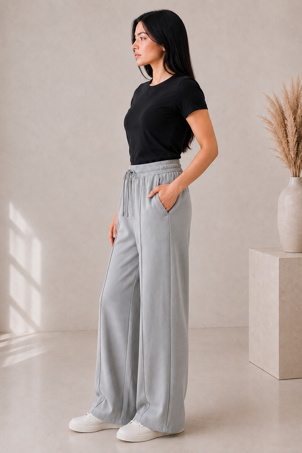 Premium Wide Leg Textured Trouser( Light Heather Grey)