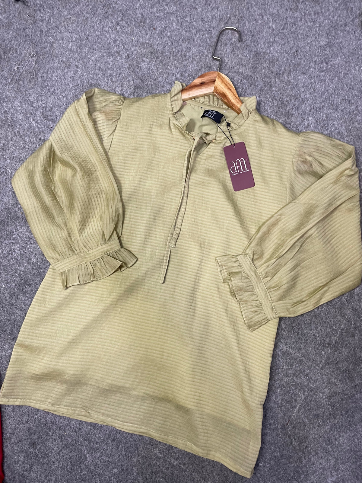 Textured Puff Sleeve Tie-Neck Top (Soft Sage Green)