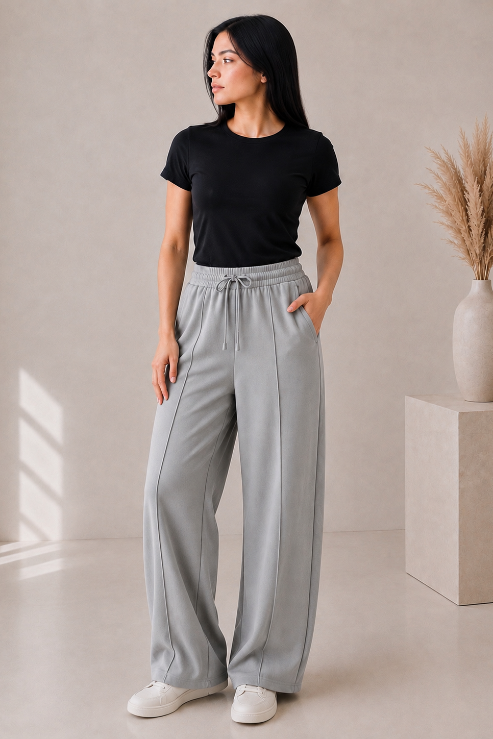 Premium Wide Leg Textured Trouser( Light Heather Grey)