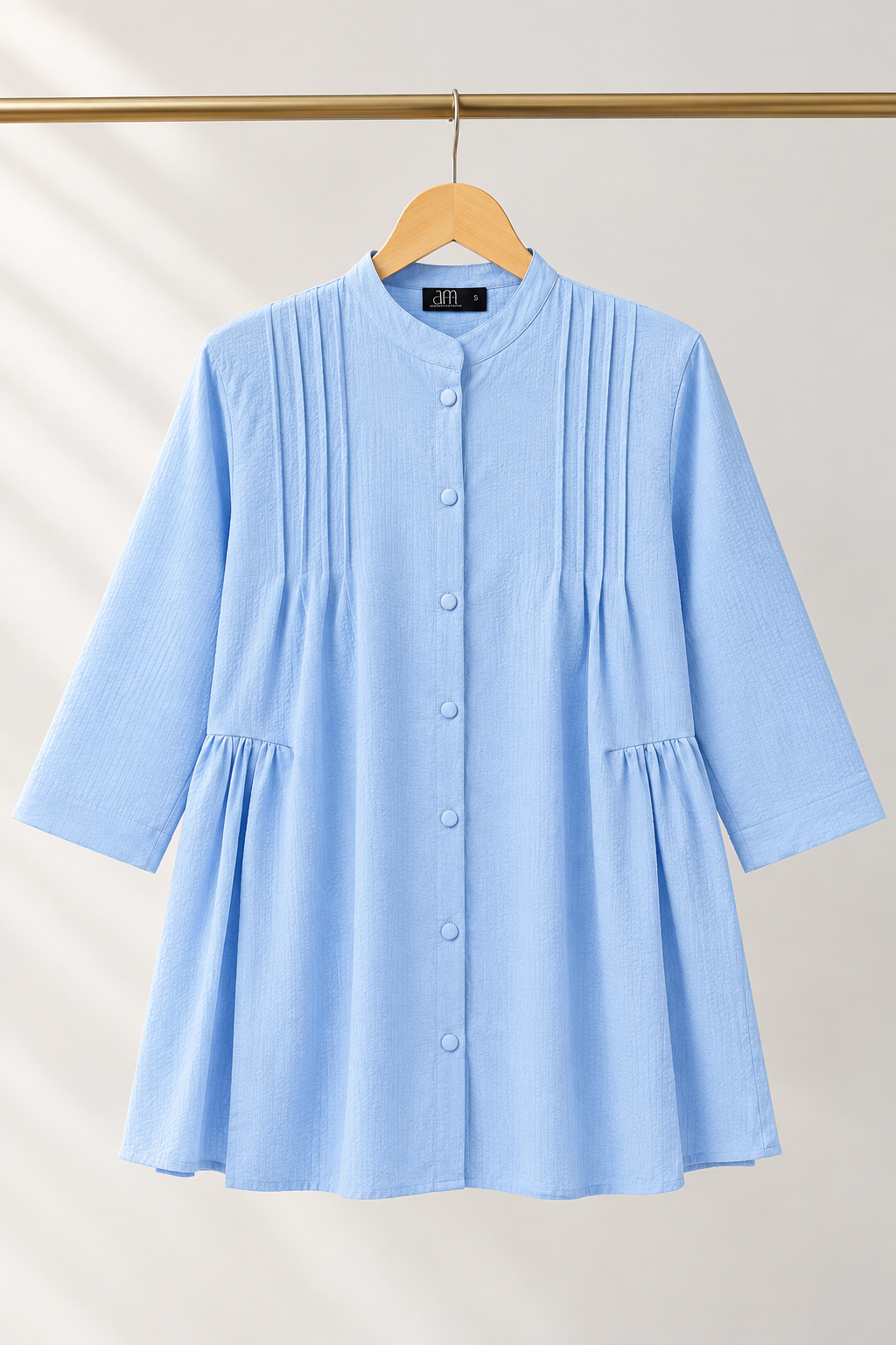 Pleated Front Button-Down Peplum Tunic – Sky Blue