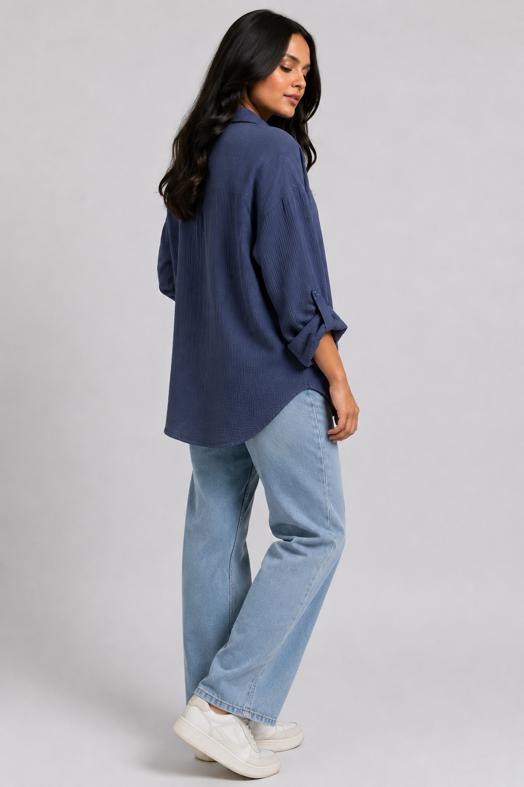 Textured Oversized Button-Down Shirt (Navy)