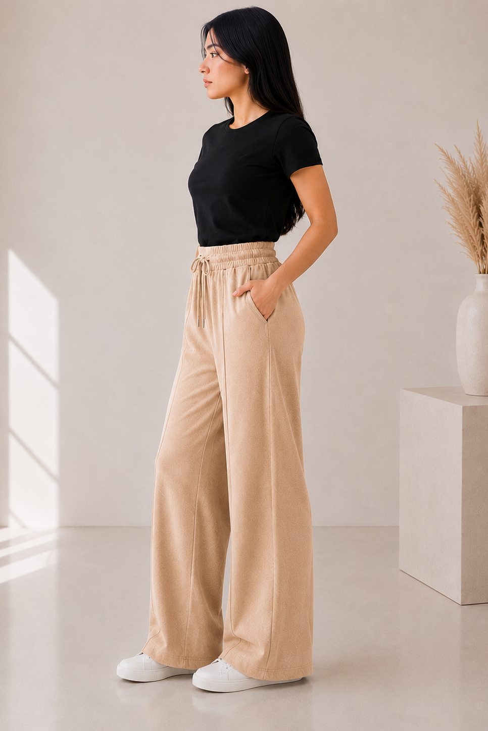 Premium Wide Leg Textured Trouser (Warm Beige )