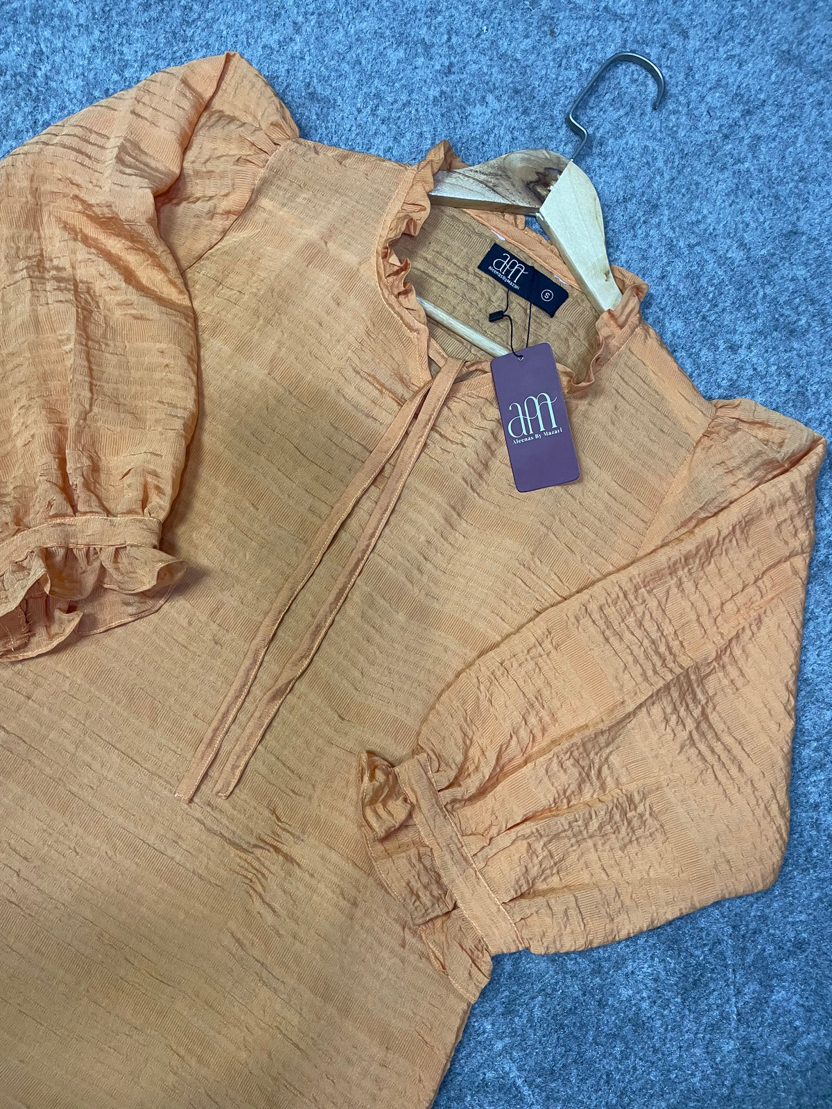 Textured Puff Sleeve Tie-Neck Top (Soft Peach)
