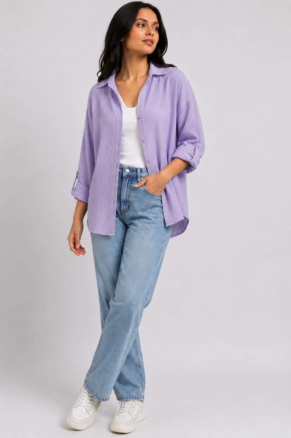 Textured Oversized Button-Down Shirt (Lavender)