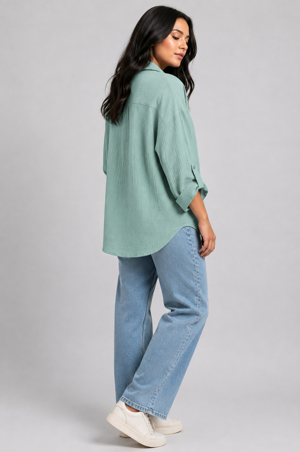 Textured Oversized Button-Down Shirt (Sea Green)