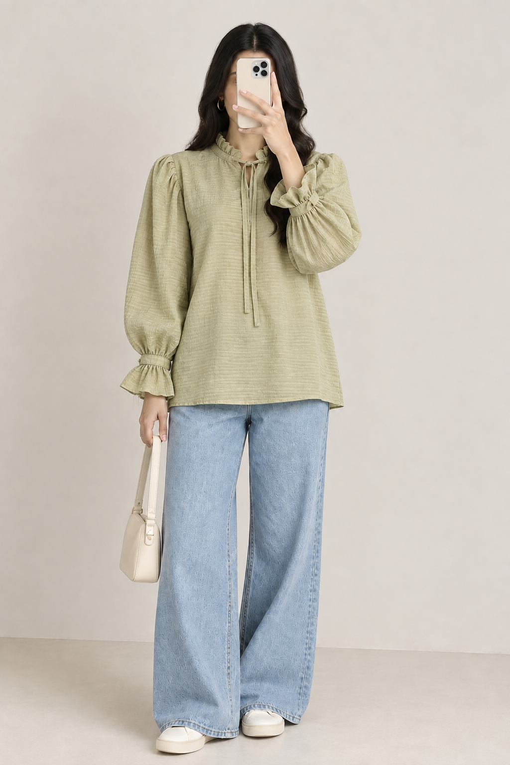 Textured Puff Sleeve Tie-Neck Top (Soft Sage Green)