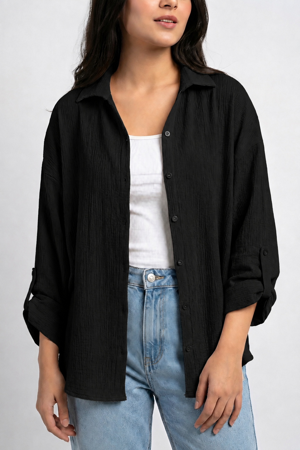 Textured Oversized Button-Down Shirt (Black)