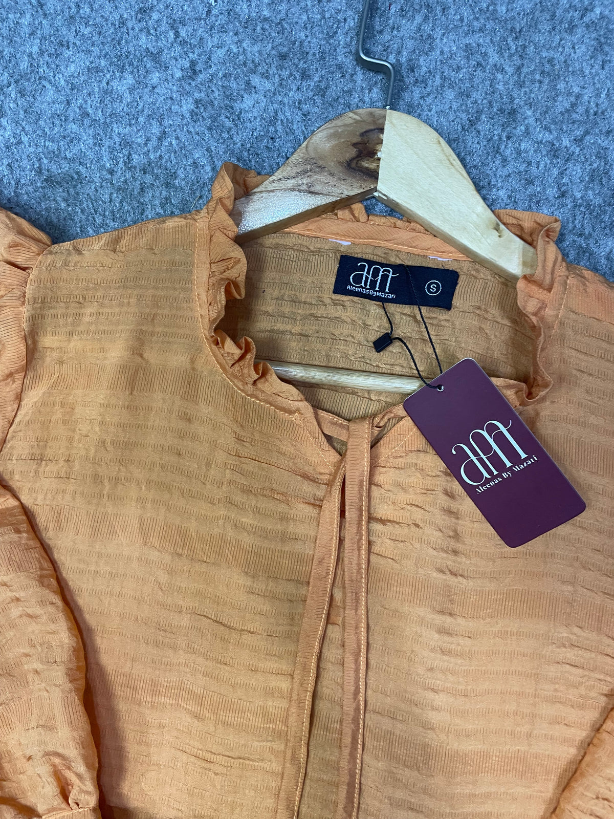 Textured Puff Sleeve Tie-Neck Top (Soft Peach)