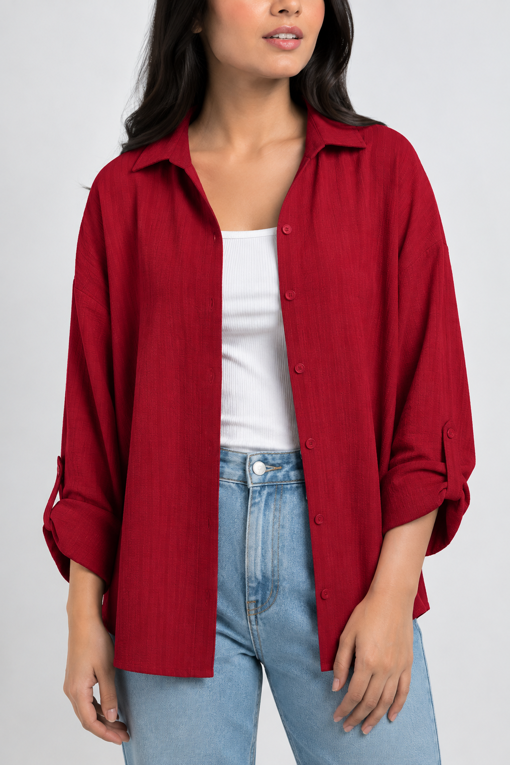 Textured Oversized Button-Down Shirt (Maroon)
