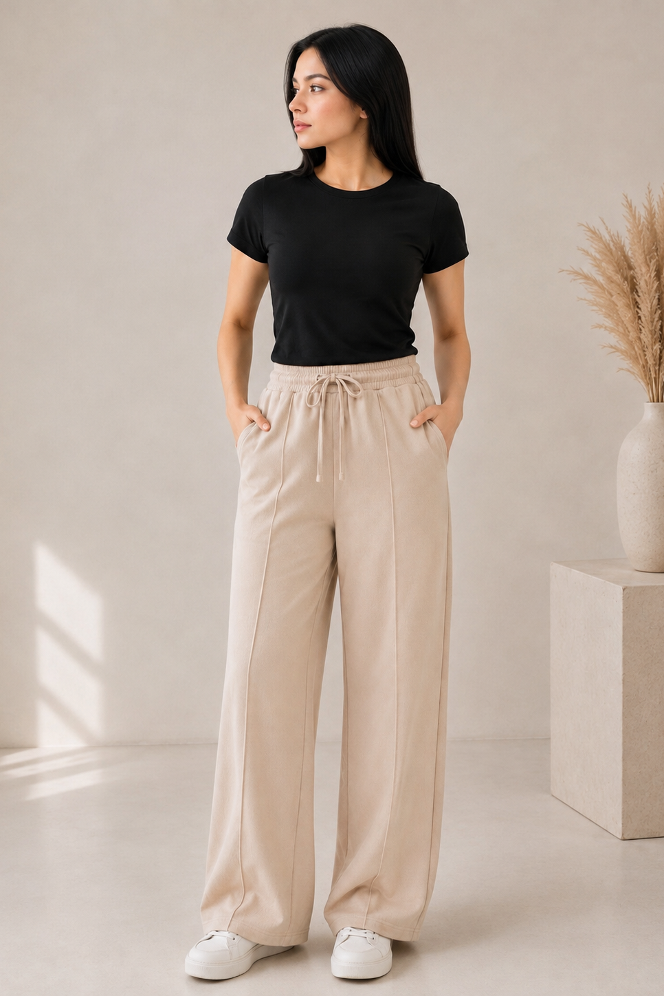 Premium Wide Leg Textured Trouser (Beige )