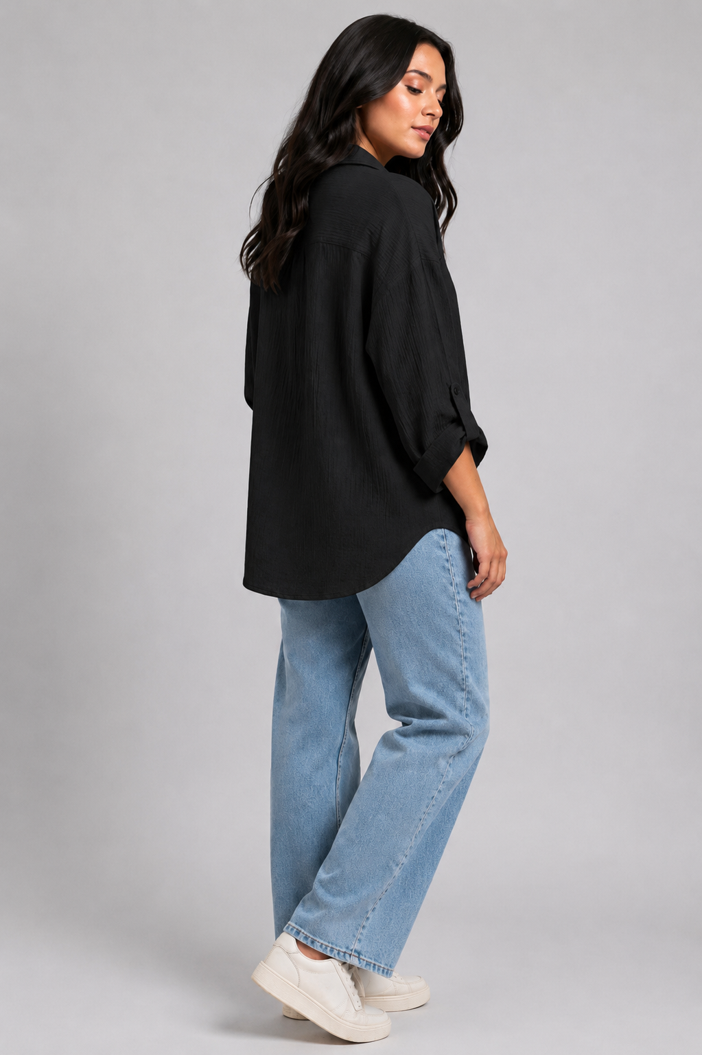 Textured Oversized Button-Down Shirt (Black)