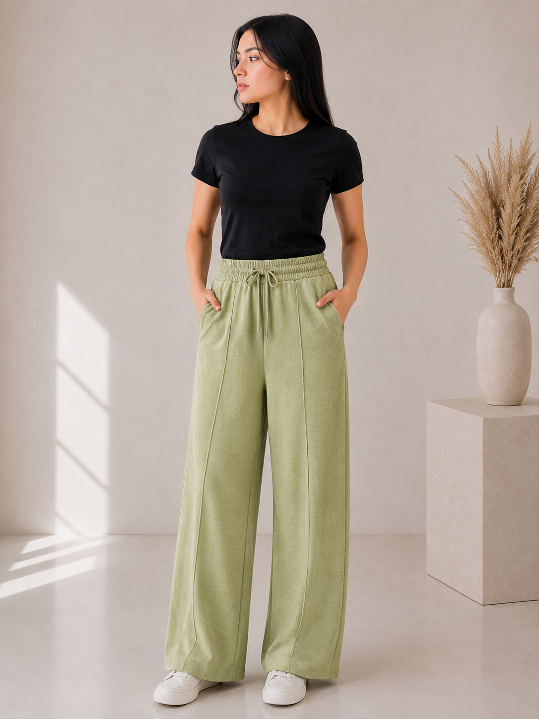 Premium Wide Leg Textured Trouser (    Soft Sage )