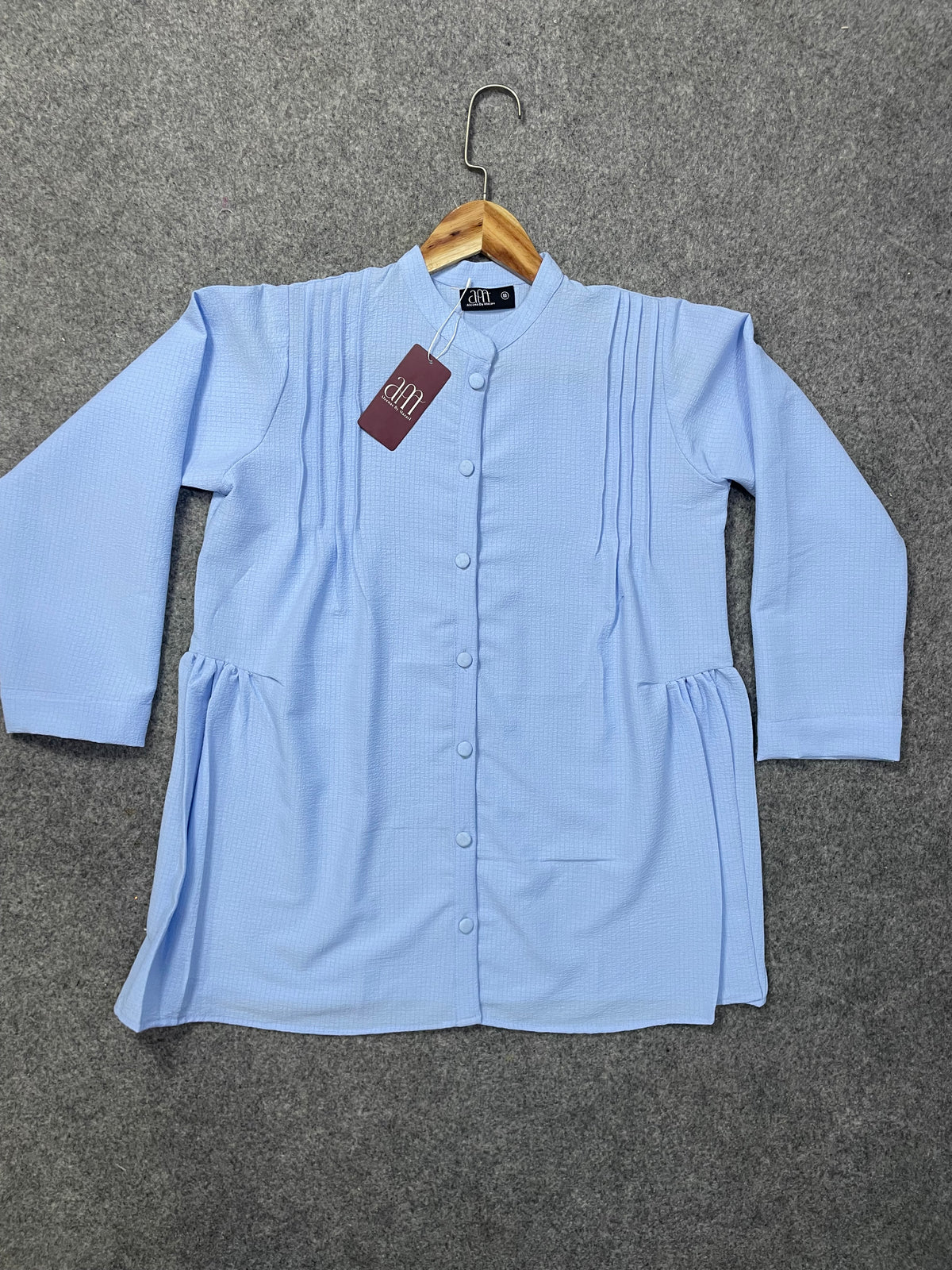 Pleated Front Button-Down Peplum Tunic – Sky Blue