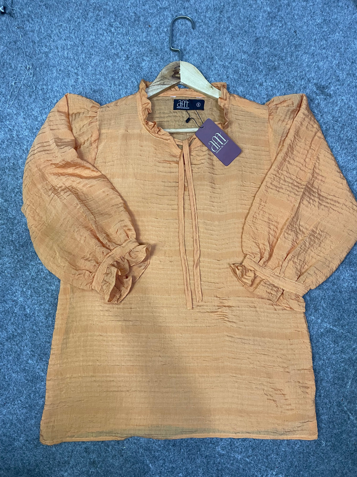 Textured Puff Sleeve Tie-Neck Top (Soft Peach)