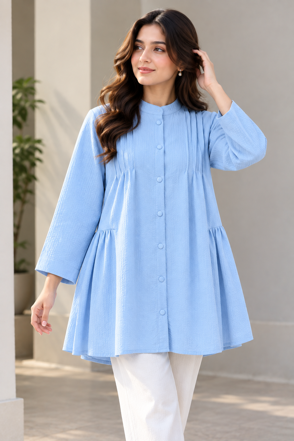 Pleated Front Button-Down Peplum Tunic – Sky Blue