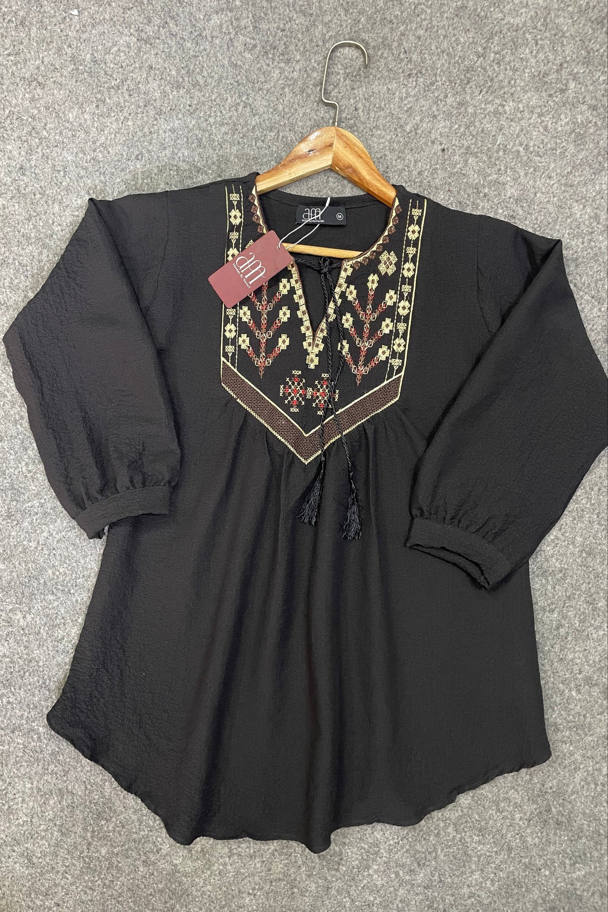 Elara Embroidered Textured Tunic Black