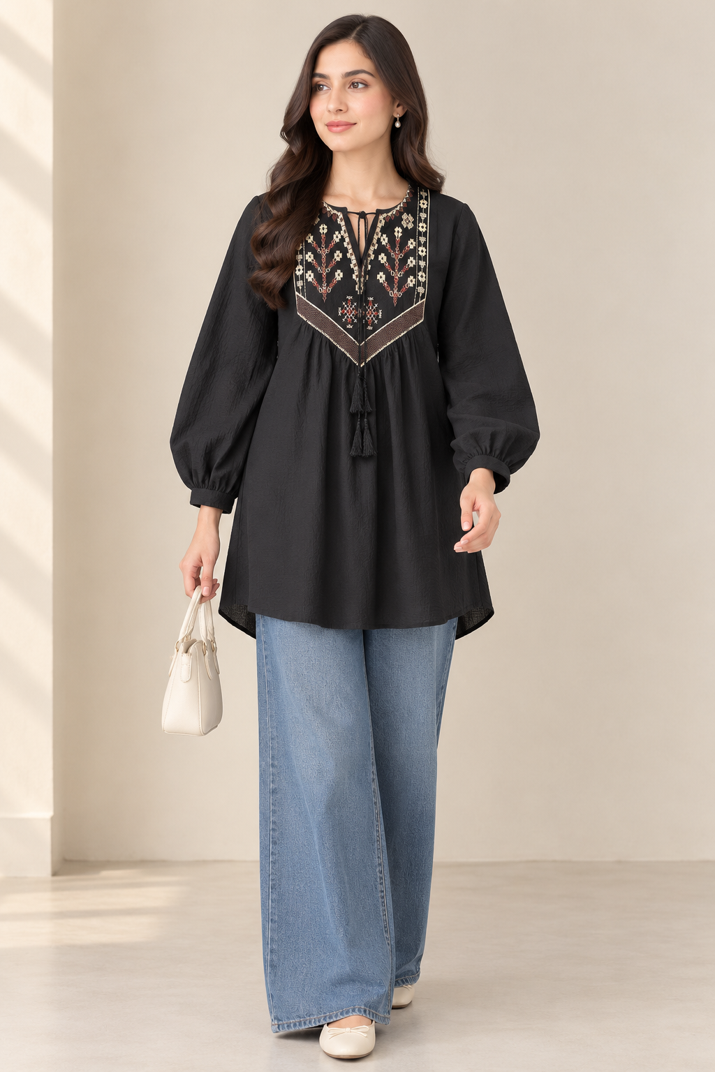 Elara Embroidered Textured Tunic Black