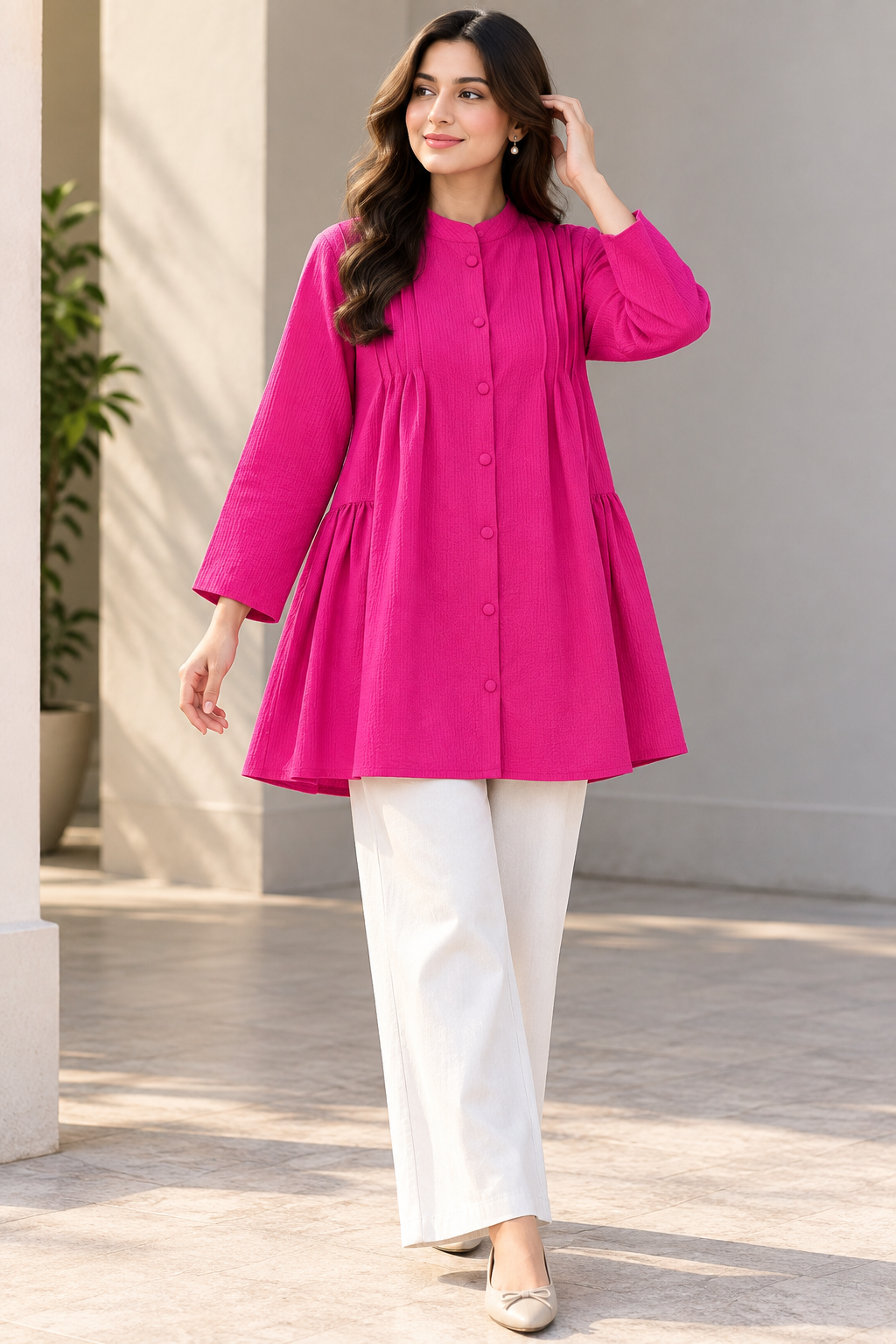 Pleated Front Button-Down Peplum Tunic – pink