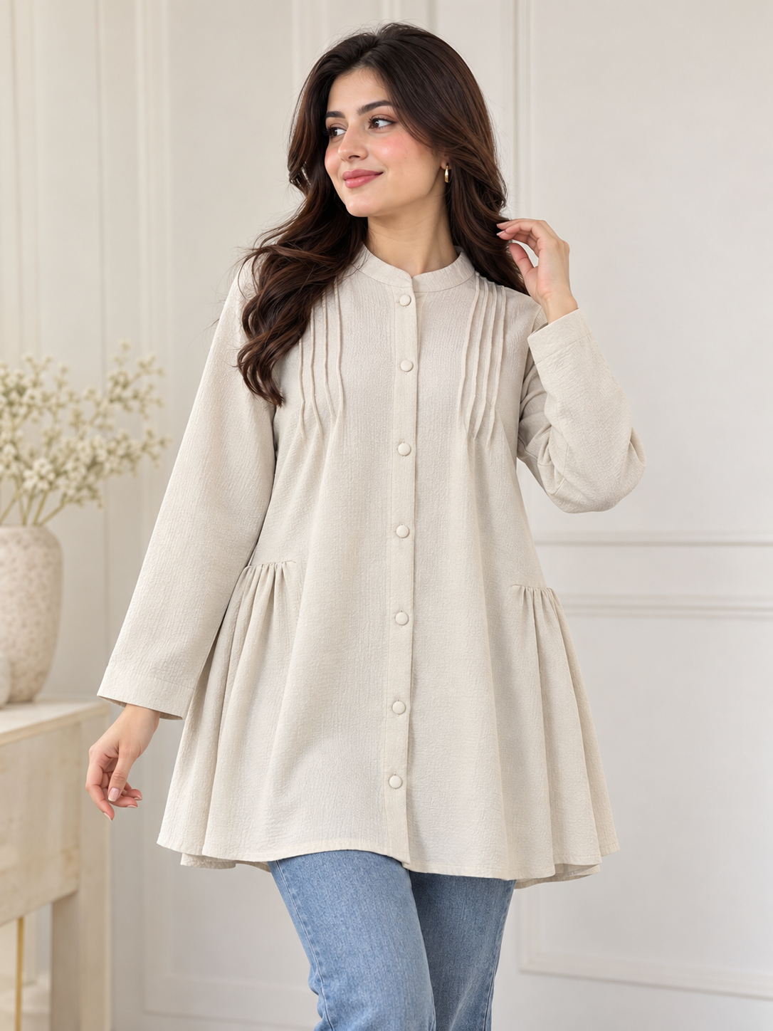 Pleated Front Button-Down Peplum Tunic – Beige