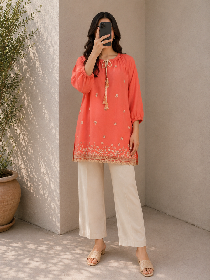 Orange Bloom Embroidered Seersucker Top