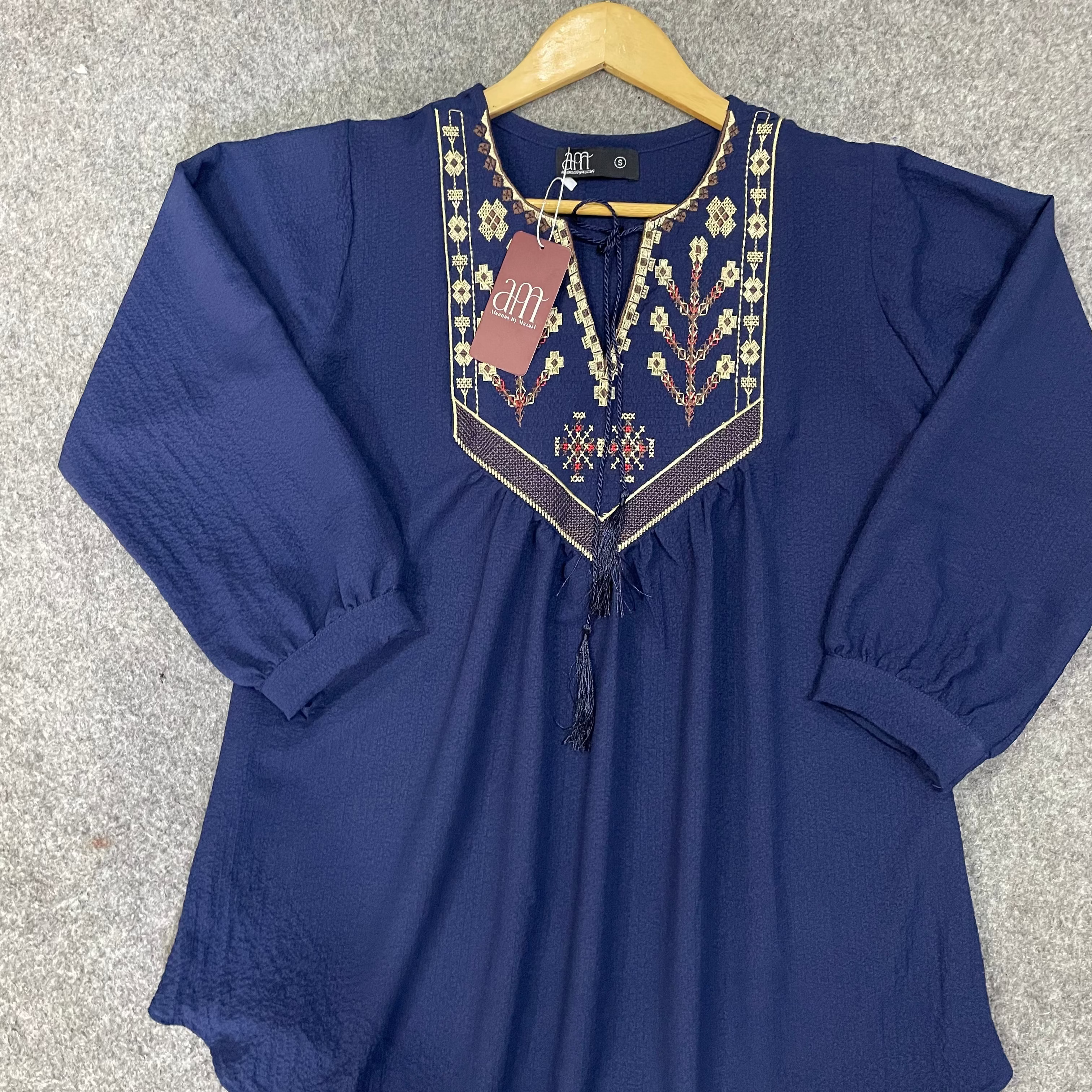 Elara Embroidered Textured Tunic Navy