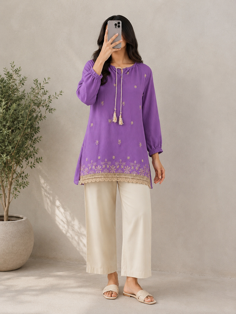 Purple Bloom Embroidered Seersucker Top