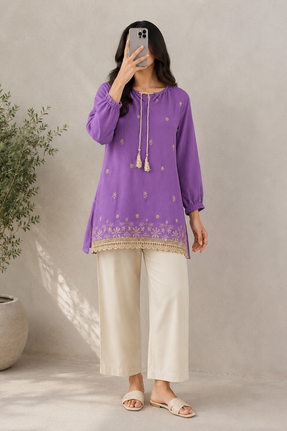 Purple Bloom Embroidered Seersucker Top