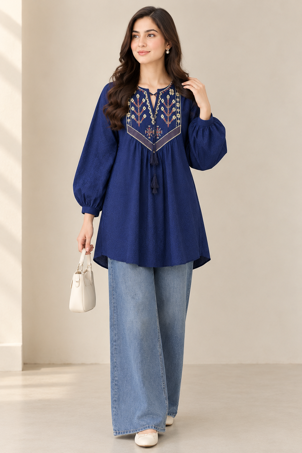 Elara Embroidered Textured Tunic Navy