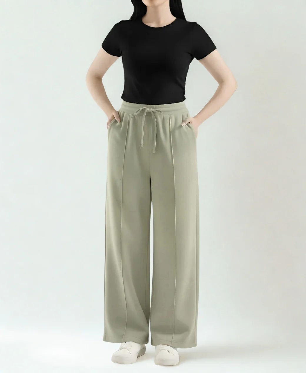 Premium Wide Leg Textured Trouser (Sage Green)