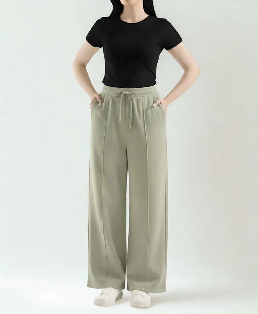 Premium Wide Leg Textured Trouser (Sage Green)