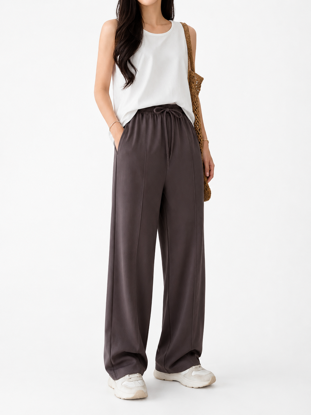 Premium Wide Leg Textured Trouser (Dark Brown)