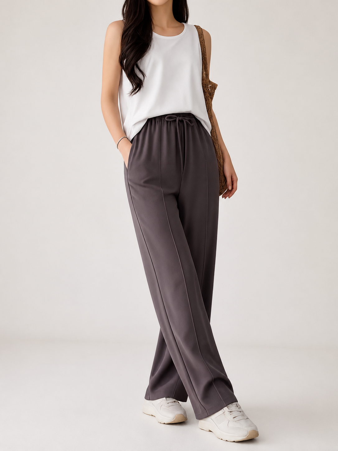 Premium Wide Leg Textured Trouser (Dark Brown)