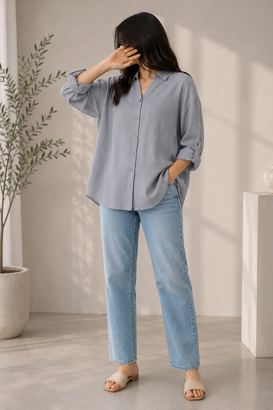 Textured Oversized Button-Down Shirt (Gray)