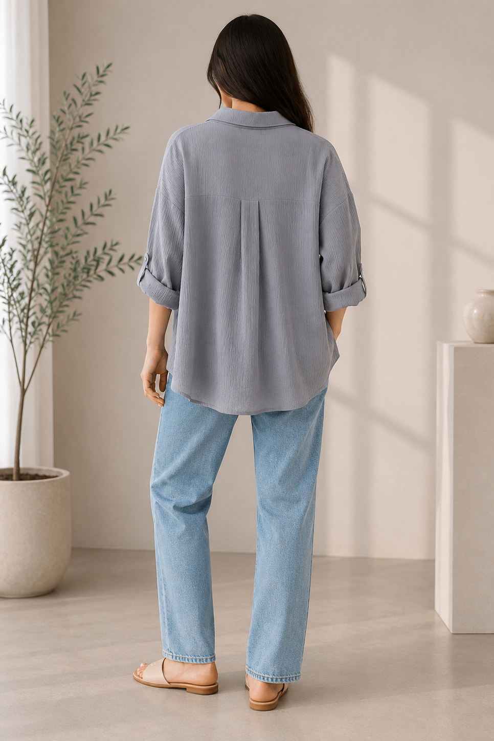 Textured Oversized Button-Down Shirt (Gray)