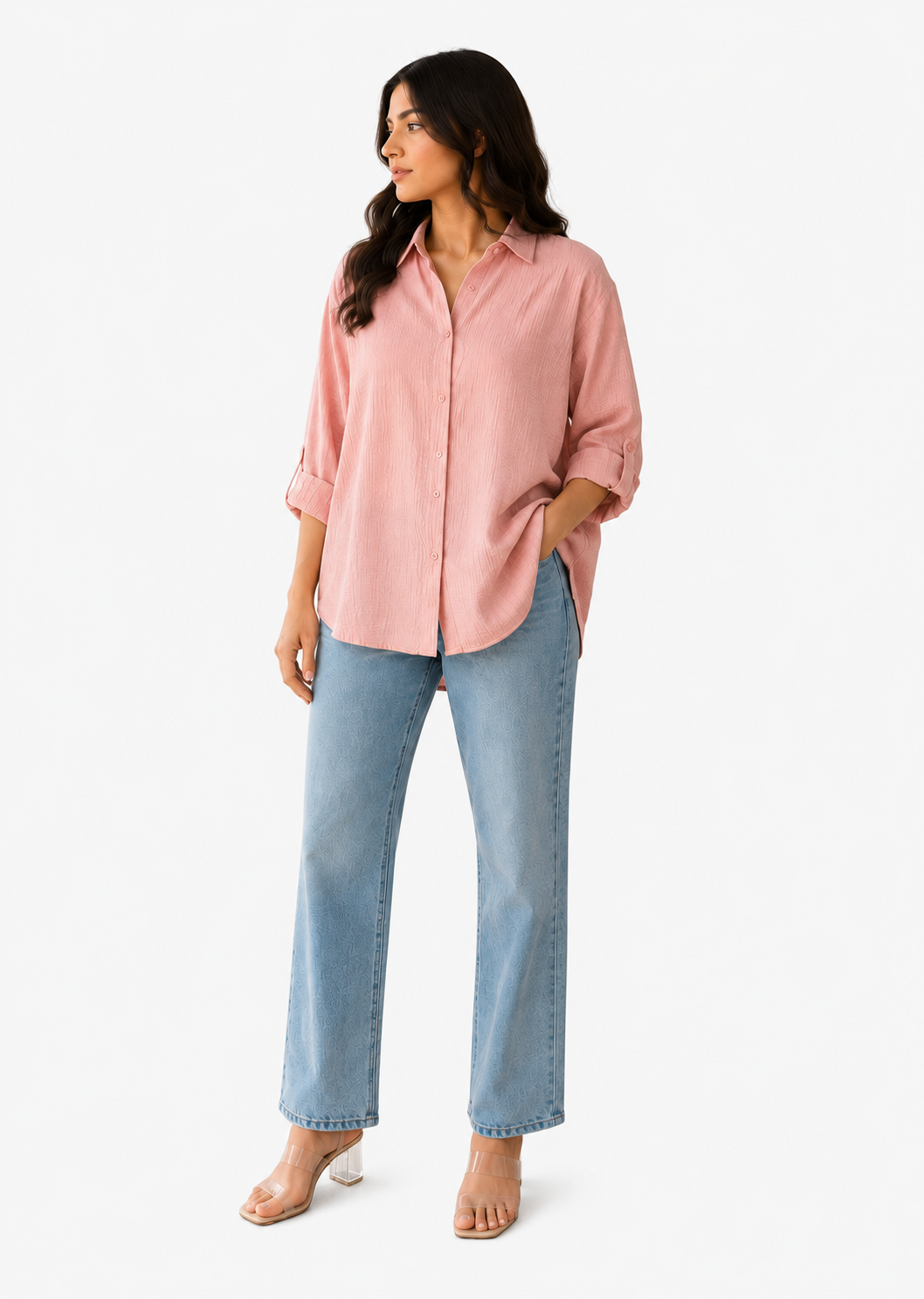 Textured Oversized Button-Down Shirt (Rose pink)
