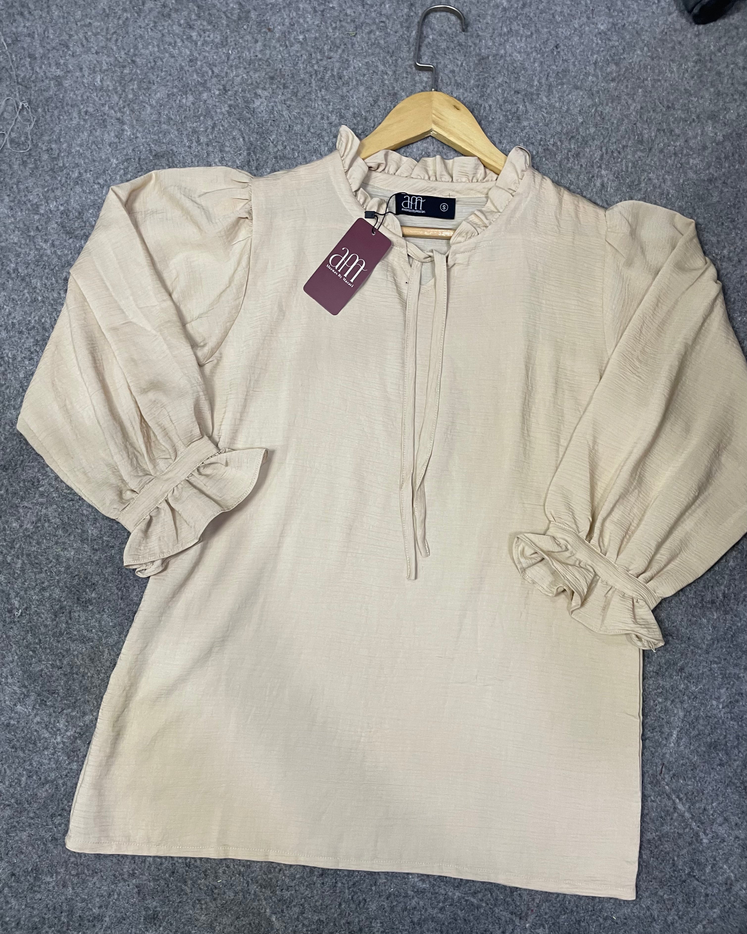 Textured Puff Sleeve Tie-Neck Top (Beige)