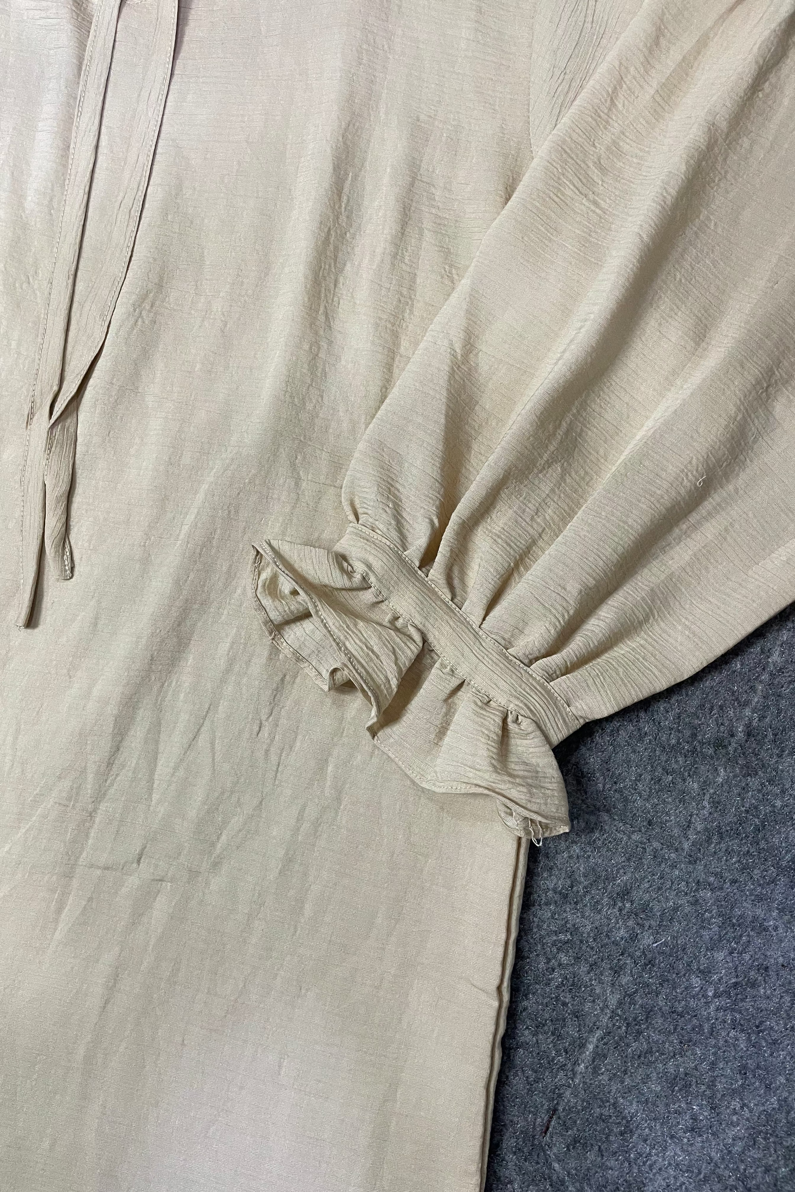 Textured Puff Sleeve Tie-Neck Top (Beige)