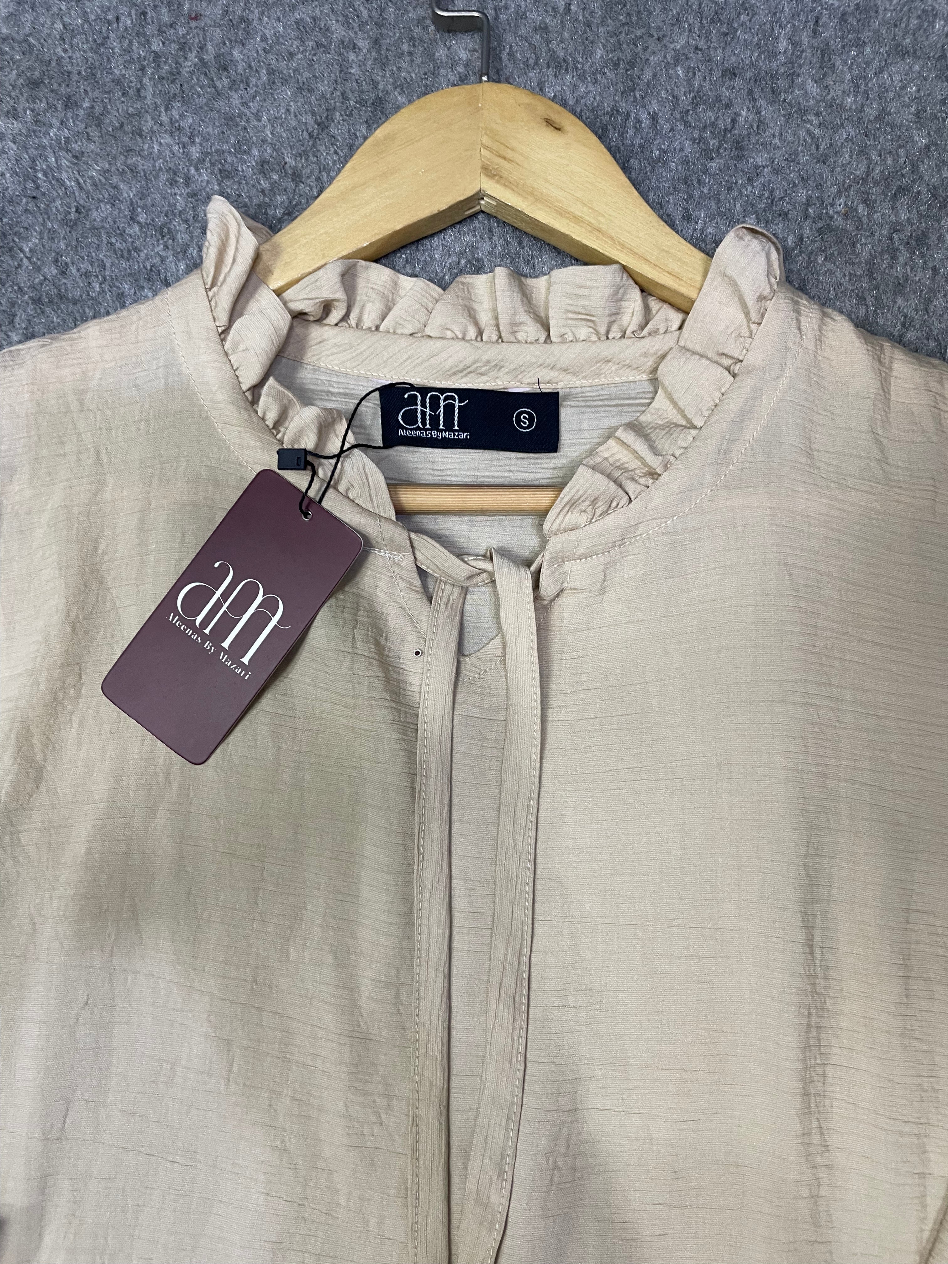 Textured Puff Sleeve Tie-Neck Top (Beige)